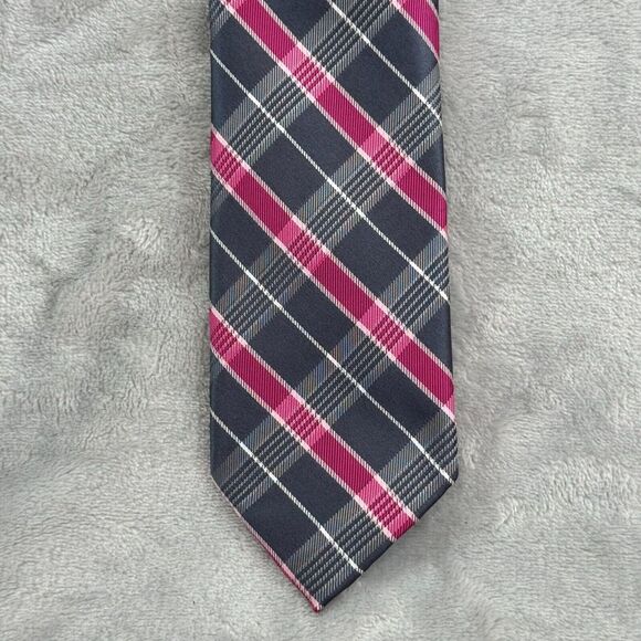 jf j.ferrar Other - J.Ferrer Tie Grey Pink Striped Plaid Polyester 3"x57" Wedding Formal Business JF